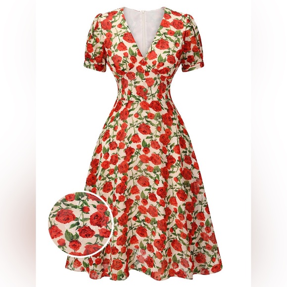 1940s inspired red rose swing dress - Picture 1 of 5